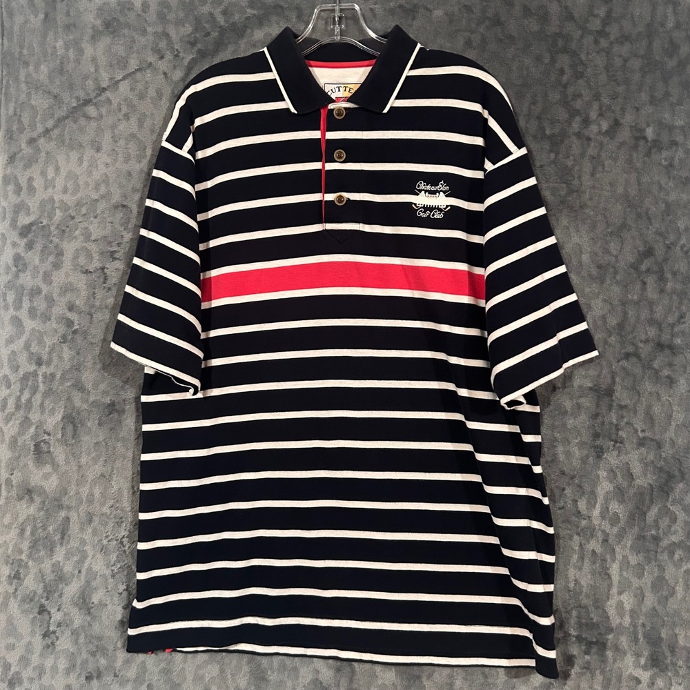 Cutter & Buck Mens Striped Polo Shirt Navy Blue Red Chateau Elan Golf Club Large
